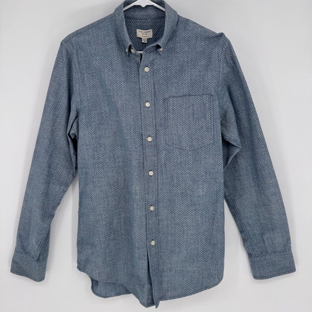 Club Monaco Shirt Mens M Slim Fit Blue Gray Dot Print Cotton Button Down